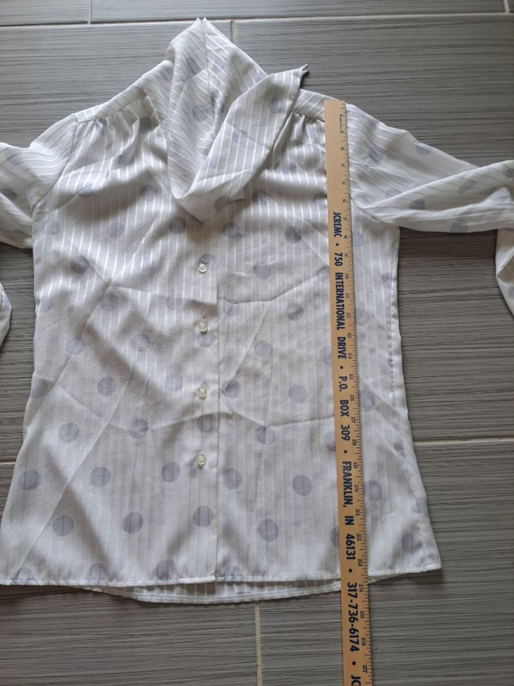 Sheer Pilka Dot White Button-Up Blouse Stripe Long Sleeves Scarf Collar Womens M - Picture 9 of 10